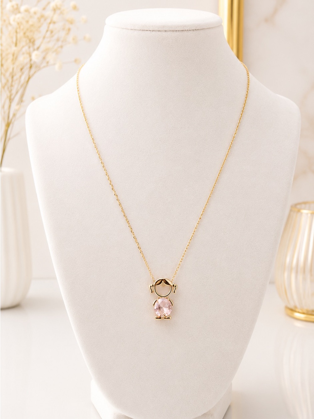 Gold Plated Necklace with Pink Crystal Pendant - Girl Charm